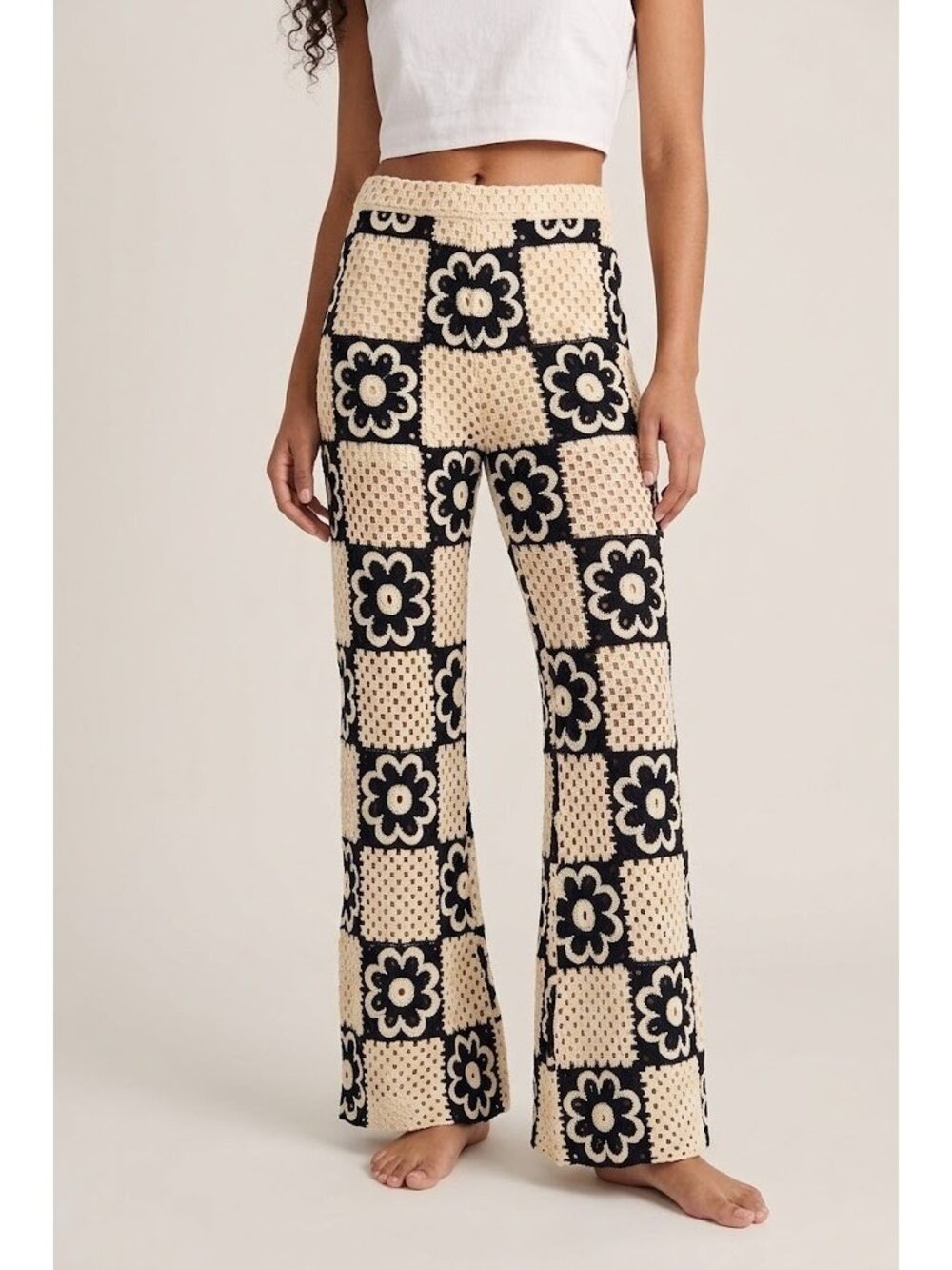 NWT SANDRO Nadav in Beige Black Floral Crochet Wide Leg Pants 40 / US 8